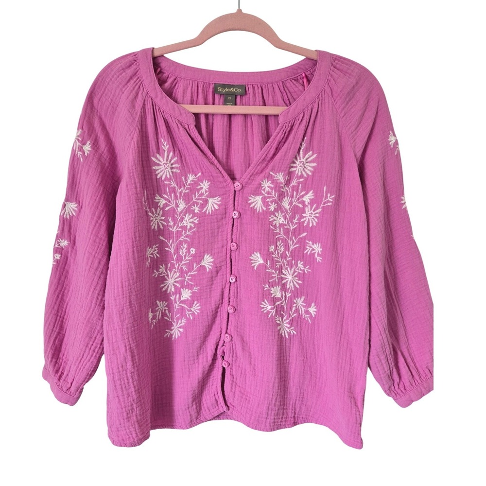 Style & Co XS Womens Pink Embroidered Cotton Crinkle Gauze‎ Peasant Top Bohemian